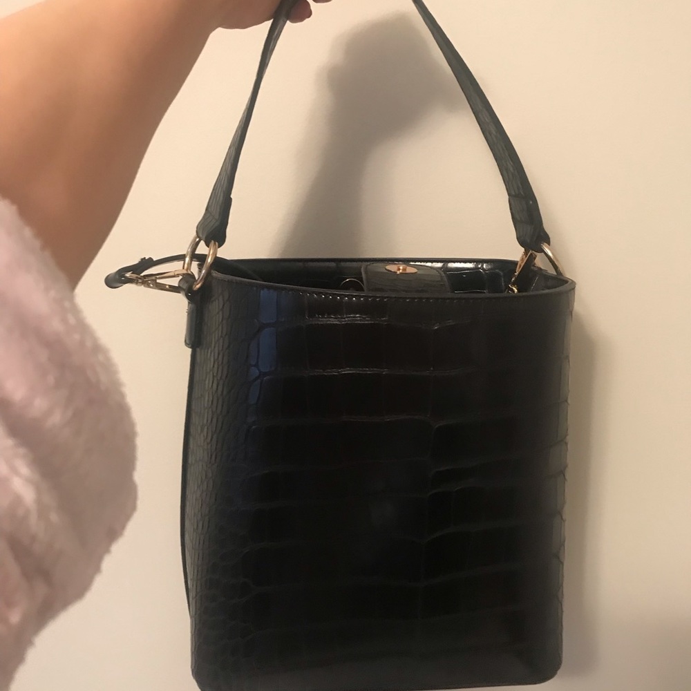 Black croc bucket bag w/ removable shoulder strap